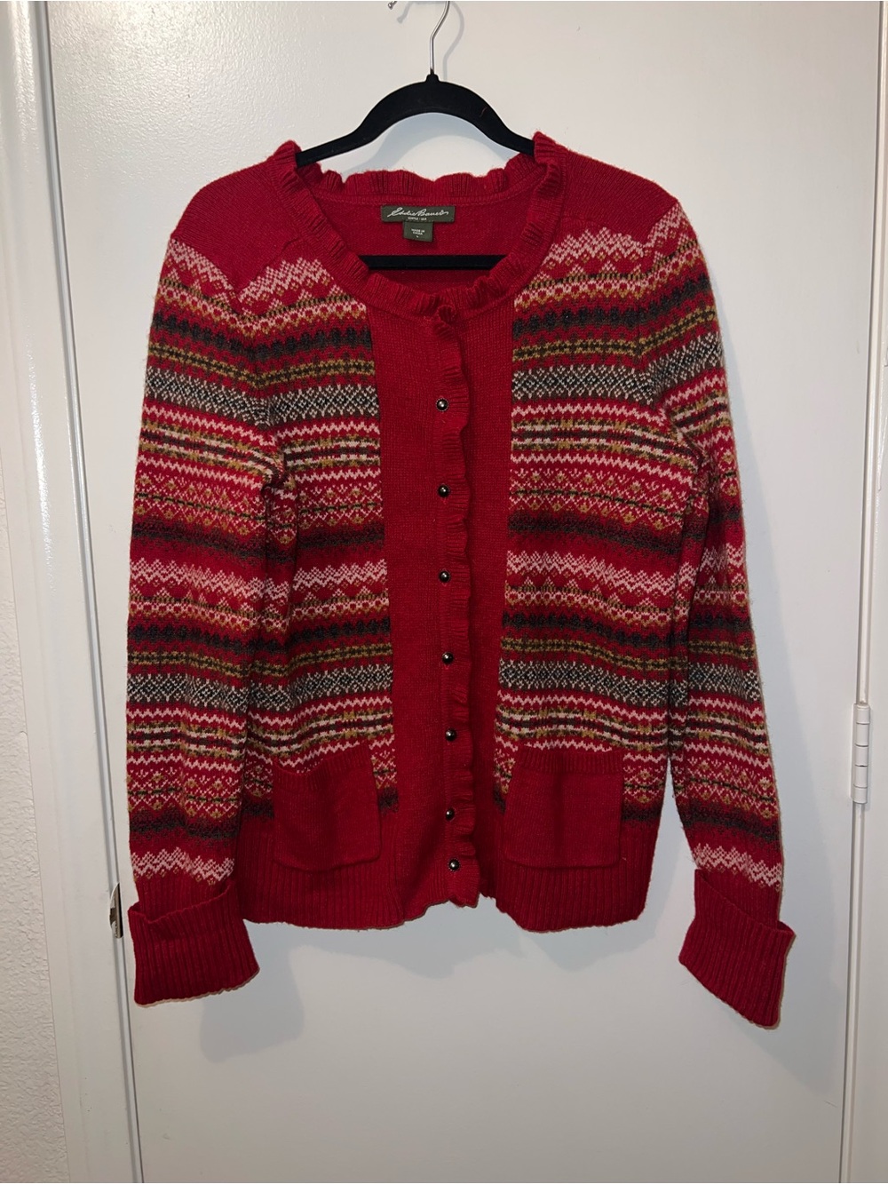 Eddie Bauer Red Multicolor Fair Isle Button-Up Cardigan - Picture 2 of 6